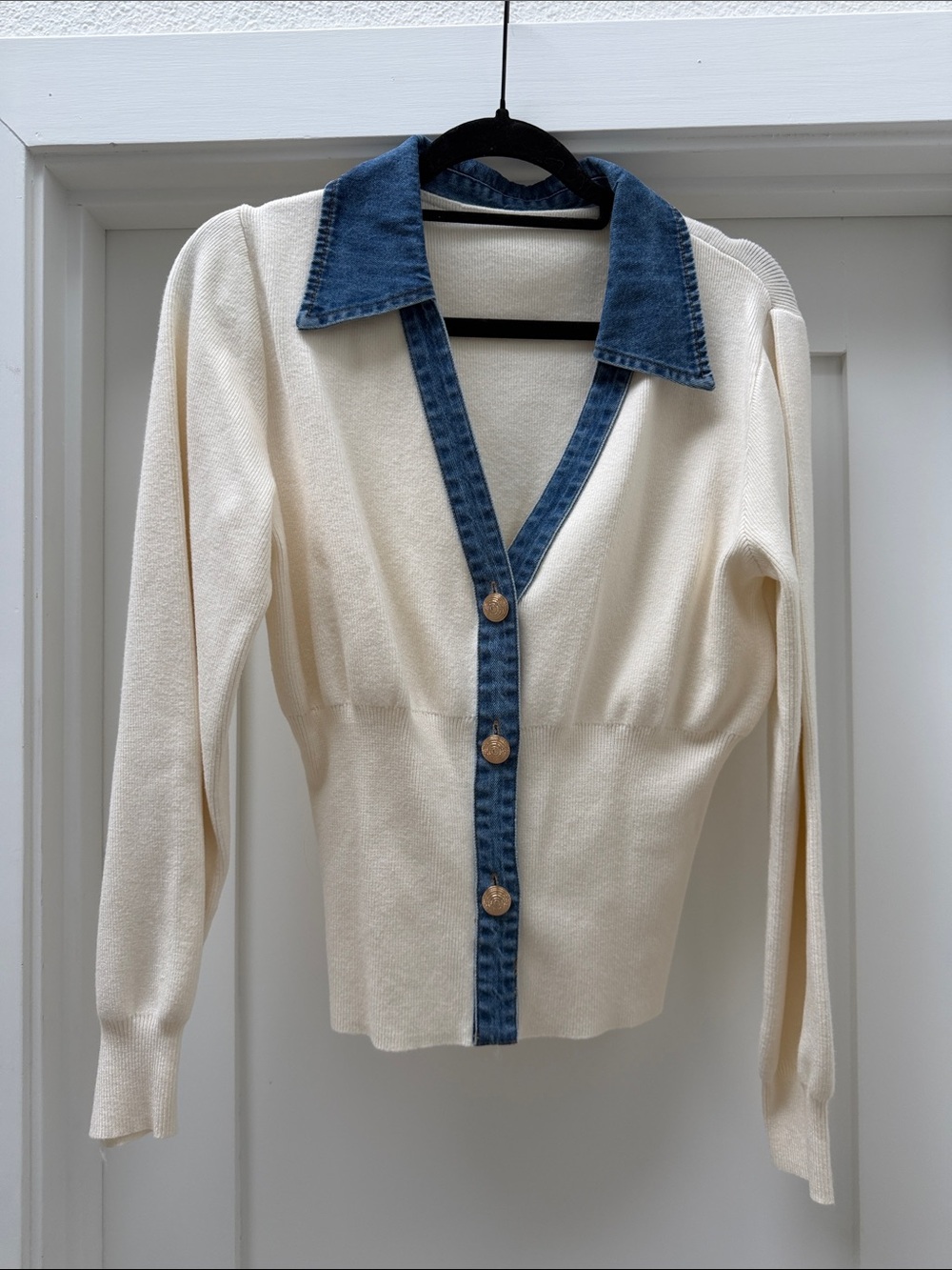 Cream Knit Sweater with Denim Trim Collar and Placket